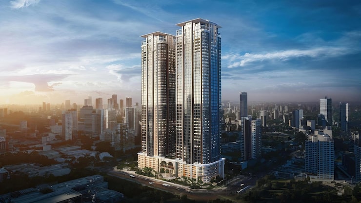 Illustrative render of twin high-rise towers against a city skyline